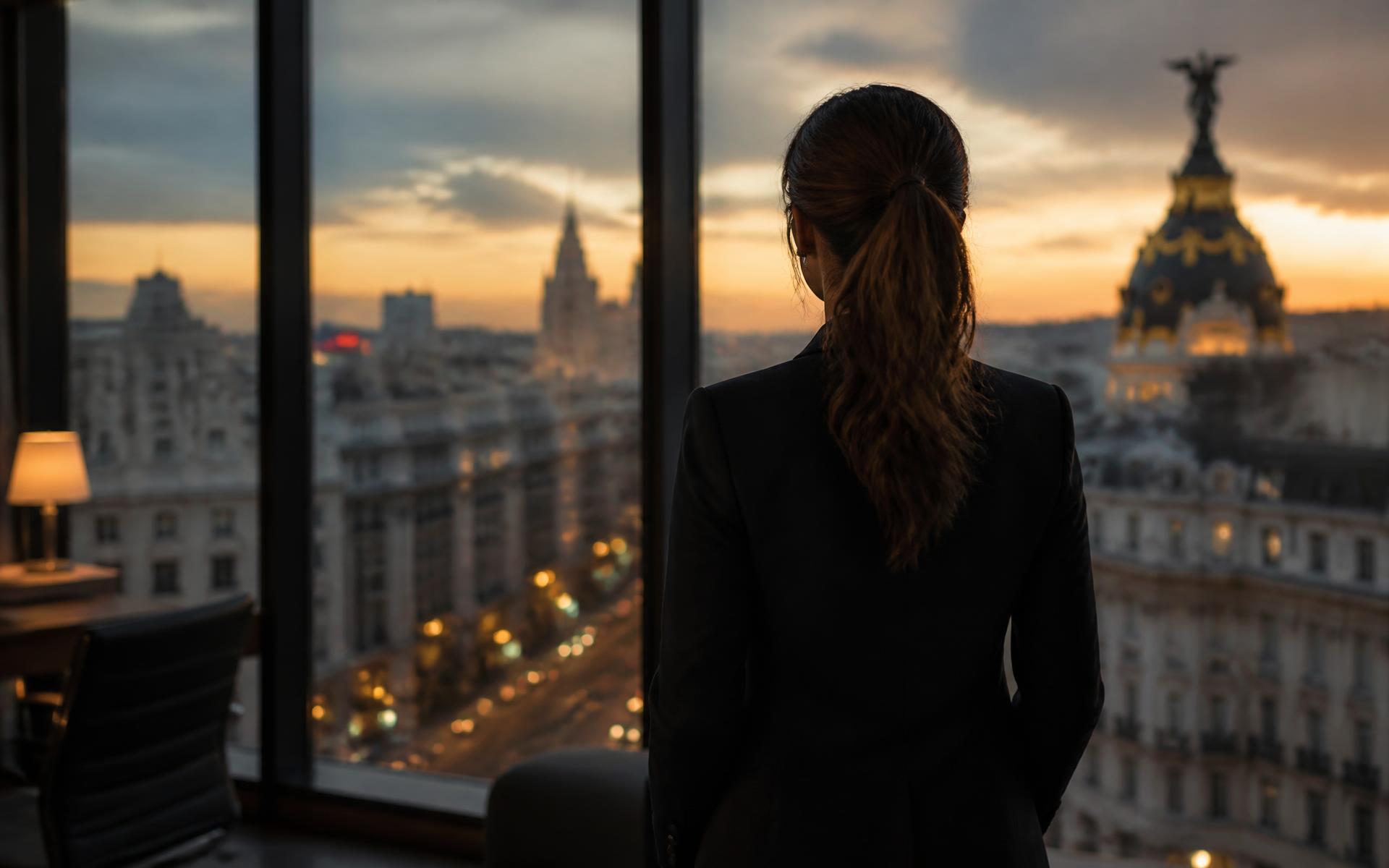 Despacho profesional con vistas a la ciudad al atardecer